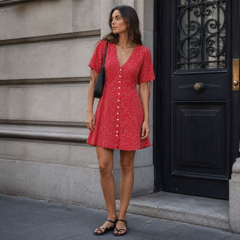 MADEWELL New Women’s Mini Dress Red Floral 4 Button Front Short Sleeve NB707
